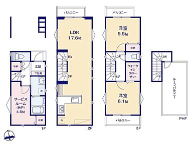 バルコニー4ヶ所付きの2LDK+Sプラン♪17.6帖のLDKは嬉しい3面採光☆
6.1帖の洋室には大容量のWIC完備◎季節物などの収納にも便利です♪
4.5帖のサービスルームは2面採光＆収納完備☆居室にも利用可能◎ 