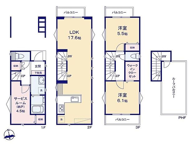 【2LDK+S】バルコニー4ヶ所付きの2LDK+Sプラン♪17.6帖のLDKは嬉しい3面採光☆
6.1帖の洋室には大容量のWIC完備◎季節物などの収納にも便利です♪
4.5帖のサービスルームは2面採光＆収納完備☆居室にも利用可能◎