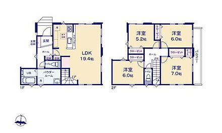 19.4帖の広々LDKを中心とした4LDK。2階には7帖の主寝室の他、洋室3部屋を配置し、家族それぞれの個室を確保。各居室収納に加え、1階にも複数の収納スペースを備えた、すっきり暮らしやすい間取りです。 