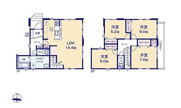 【4LDK】19.4帖の広々LDKを中心とした4LDK。2階には7帖の主寝室の他、洋室3部屋を配置し、家族それぞれの個室を確保。各居室収納に加え、1階にも複数の収納スペースを備えた、すっきり暮らしやすい間取りです。