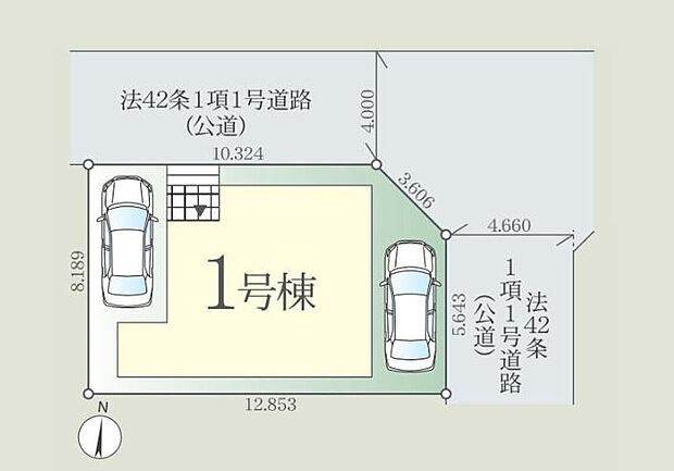 【全体区画図】土地102m2超のゆとりある区画。駐車スペースは車種により2台分を確保。