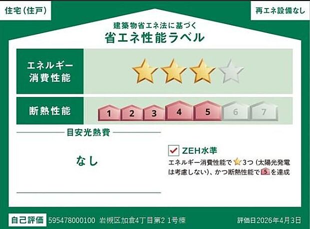 【【省エネ性能ラベル】】こちらの物件はZEH水準を満たした、省エネ性能に優れた物件です。 光熱費を抑えて暮らすことができるだけでなく、「熱の入りにくさ・逃げにくさ」という観点でも影響を受けにくい建物のため、長く快適にお過ごしいただけます♪ ※本ラベルは特定の住戸の性能を示すものであり、全ての住戸の性能を示すものではありません。