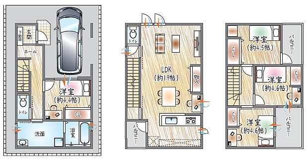 【参考プラン(1)】(ベストプラン建物価格：2180万円～)
■建物面積：99.55m2 ■3階建て×4LDK
19帖のLDKで、家族が自然と集まるお家。広さに余裕のある洗面は、ランドリー動線スムーズ