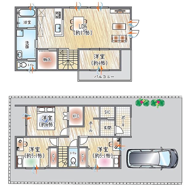 【2号地／参考プラン(1)】(ベストプラン建物価格：2180万円～)
■建物面積：99.42m2 ■2階建て×4LDK
20帖のLDK×各居室のゆとり。家族それぞれがゆったり過ごせる住まいです♪