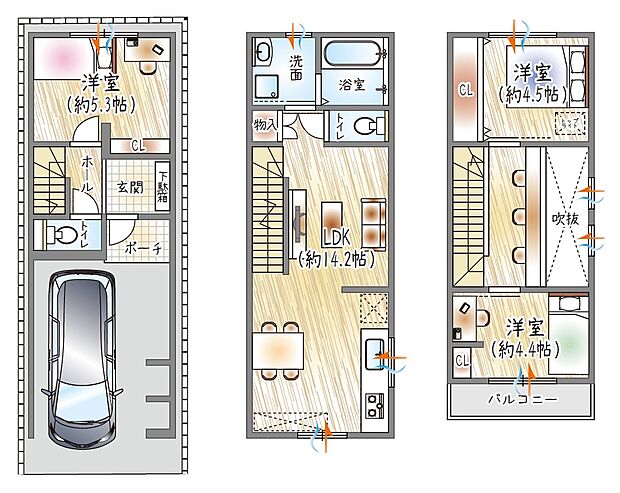 【モデルハウス確定プラン】(土地建物価格:4.280万円)
■建物面積:77.62m2 ■3階建て×3LDK
吹抜けのある3階建て。光が差し込む開放感のある空間で、のびやかに暮らせる間取り