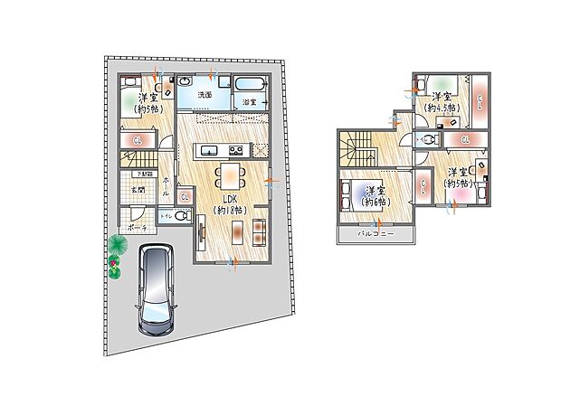 参考プラン図(1)(ベストプラン住宅 建物価格:2380万円~)
■2階建て/4LDK ■建物面積:約98.53m2
18帖のLDKで家族が自然と集まるお家。各居室収納付きのプランです。