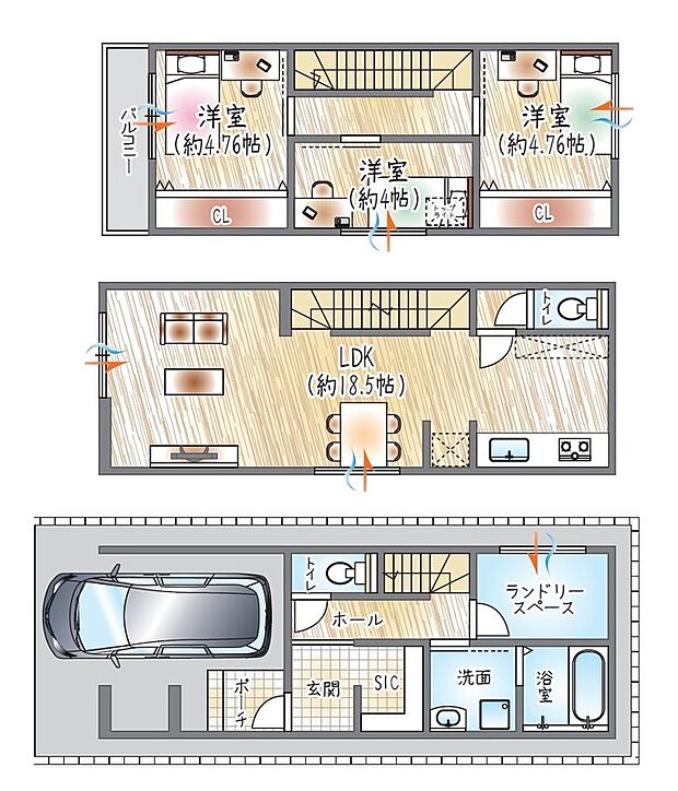 【2号地／参考プラン(1)】(ベストプラン建物価格：2430万円～)
■建物面積：92.76m2 ■3階建て×3LDK
18帖超LDKと独立ランドリースペースで、家事もくつろぎも快適設計◎