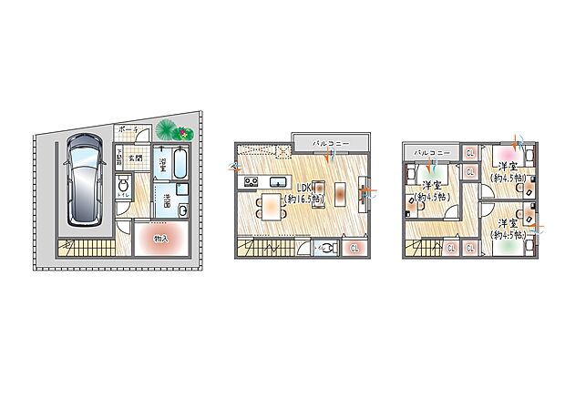 【1号地／参考プラン(1)】(ベストプラン建物価格：2480万円～)
■建物面積：87.79m2 ■3階建て×3LDK
1階大容量の物入で季節物の洋服や非常用品などもすっきり収納◎