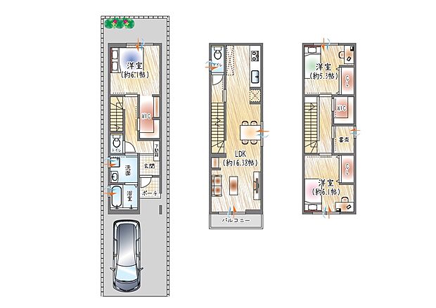 【参考プラン(1)】(ベストプラン建物価格:2480万円~)
■建物面積:96.91m2 ■3階建て×3SLDK
2か所のWICに加え、書斎を備えた収納力・機能性に優れた住まい。