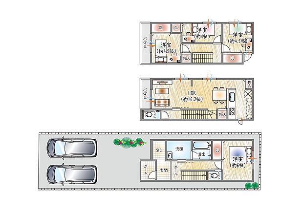 【参考プラン(1)】(ベストプラン建物価格:2480万円~)
■建物面積:98.79m2 ■3階建て×4LDK
2台並列駐車可能!大容量のSICが付いており収納力◎