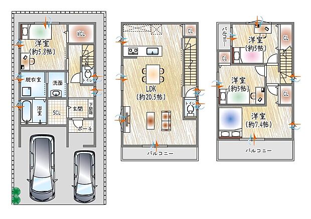 【【駐車2台可能プランのご提案】】LDKは約20.5帖大空間です。ご家族皆様でゆったりとお寛ぎいただけます。3階建て×4LDKの駐車場2台を確保しました◎