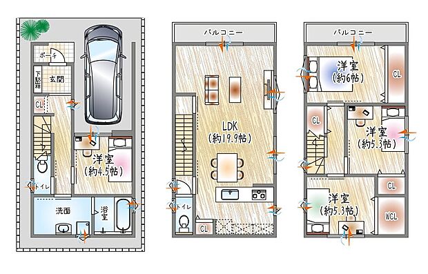【【2号地参考プラン図】】※ライフシェアメンバーシップ適用価格
2階LDKひろびろ19.9帖プラン◎
3階各居室は1部屋1部屋が大きく、たっぷり収納付き!