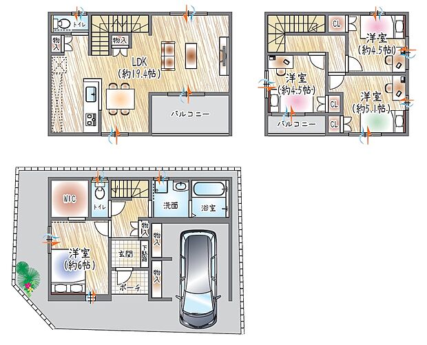 【4LDK】【確定プラン】■建物面積:99.39m2■3階建て/4LDK
対面式キッチン×開放感ある19帖超のLDK♪
各居室に収納スペースがあるのですっきりとした暮らしが可能◎