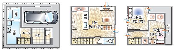 【2LDK】【モデルハウス確定プラン】■3階建て×2LDK
無駄のない間取りとゆとりある洗面で快適に暮らせる住まい。対面キッチンで調理中も安心◎