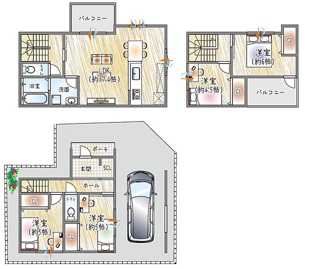 【【参考プラン(1)】】(ベストプラン建物価格:2380万円~)
■建物面積:99.15m2 ■3階建て×4LDK
17.4帖LDKと水廻り集約で、家事がしやすい快適な暮らし