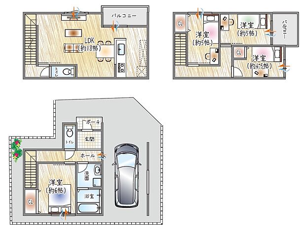 【【参考プラン(2)】】(ベストプラン建物価格:2380万円~)
■建物面積:98.53m2 ■3階建て×4LDK
広がりを感じる18帖LDKで、のびのび過ごせる住まい◎
