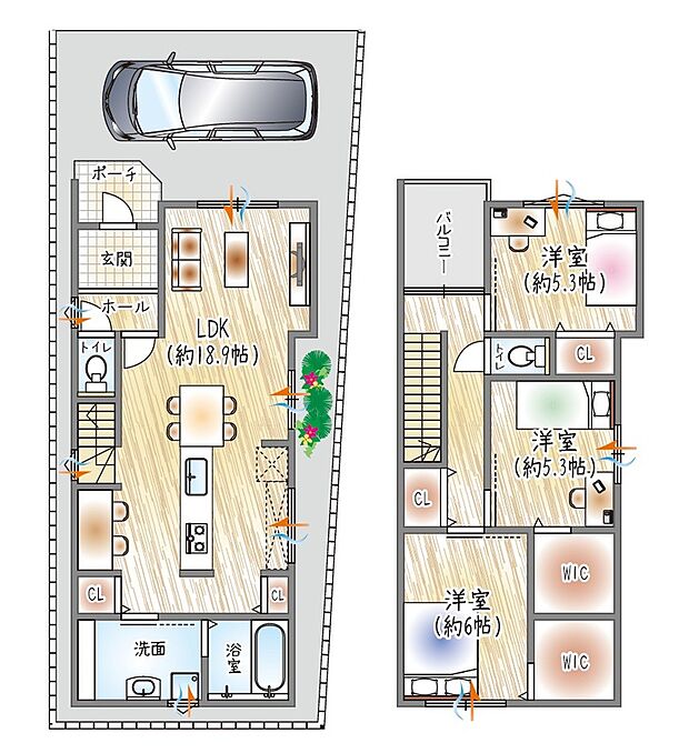 【【参考プラン(1)】】(ベストプラン建物価格：2180万円～)
■建物面積：93.50m2 ■2階建て×3LDK
大容量WIC ・各居室収納付きでスッキリ整うお家◎