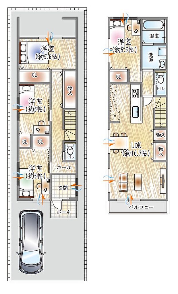 【【1号地/参考プラン(3)】】(ベストプラン建物価格:2180万円~)
■建物面積:98.75m2 ■2階建て×4LDK
2階LDKで安心してくつろげる住まい。水廻りを集約し、家事動線も快適♪