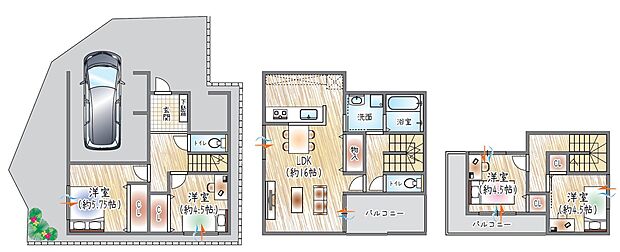 【【参考プラン(3)】】(ベストプラン建物価格:2180万円~)
■建物面積:97.73m2 ■3階建て×4LDK
LDKと水廻りを同階に配置。暮らしの動きがスムーズな住まい