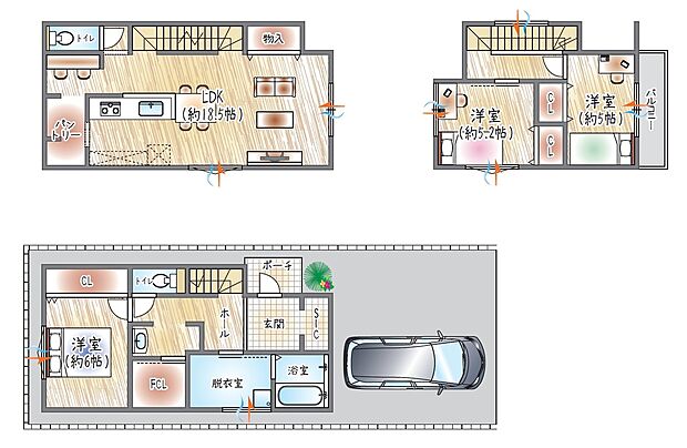 【【2号地/参考プラン(3)】】(セミオーダー建物価格:2530万円~)
■建物面積:105.19m2 ■3階建て×3LDK
SICとFCLで収納が整い、18.5帖LDKでゆとりある暮らしを叶える住まい