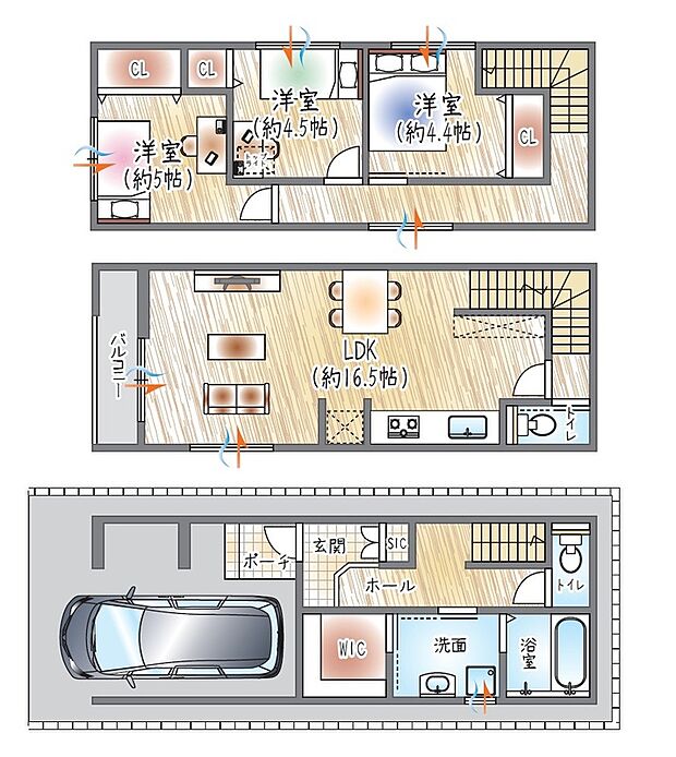 【【2号地／参考プラン(3)】】(ベストプラン建物価格：2430万円～)
■建物面積：91.11m2 ■3階建て×3LDK
16.5帖LDKとWICを備え、収納と広さのバランスが取れた住まい。