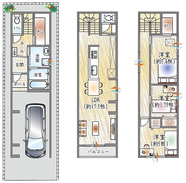 【【1号地／参考プラン(2)】】(ベストプラン建物価格：2430万円～)
■建物面積：90.90m2 ■3階建て×3LDK
約17.5帖LDKに加え、FCLやWICを備えた収納充実プラン♪