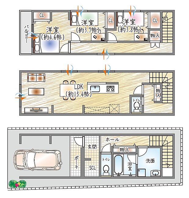 【【参考プラン(3)】】(ベストプラン建物価格：2430万円～)
■建物面積：84.97m2 ■3階建て×3LDK
SICや物入を確保し、収納力と暮らしやすさを両立◎