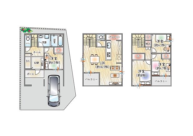 【【参考プラン(1)】】(ベストプラン建物価格：2430万円～)
■建物面積：98.94m2 ■3階建て×4LDK
SIC＋パントリー付きで収納充実◎スッキリ暮らせる間取り設計！