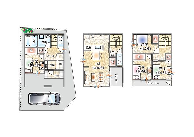 【【参考プラン(3)】】(ベストプラン建物価格：2430万円～)
■建物面積：98.12m2 ■3階建て×4LDK
南向き16帖の2階リビング◎バルコニーに面し、明るく開放的な空間！
