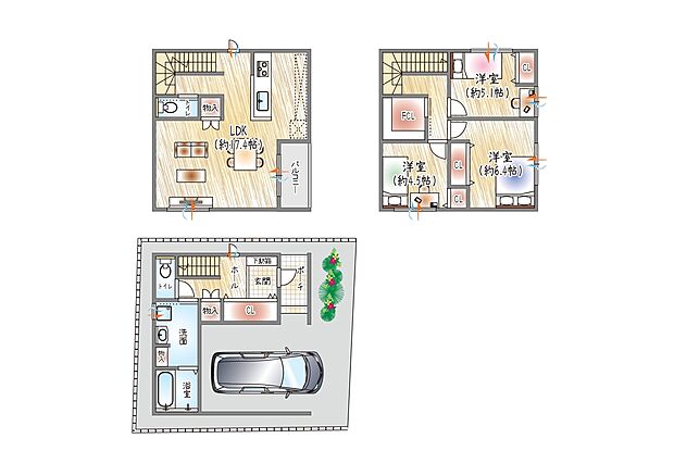 【【参考プラン(1)】】(ベストプラン建物価格：2430万円～)
■建物面積：98.15m2 ■3階建て×4LDK
