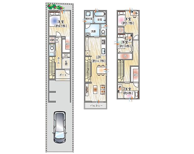 【【参考プラン(1)】】(ベストプラン建物価格:2480万円~)
■建物面積:98.55m2 ■3階建て×4LDK
収納力にこだわった住まい。2か所のWICでスマートに収納可能◎