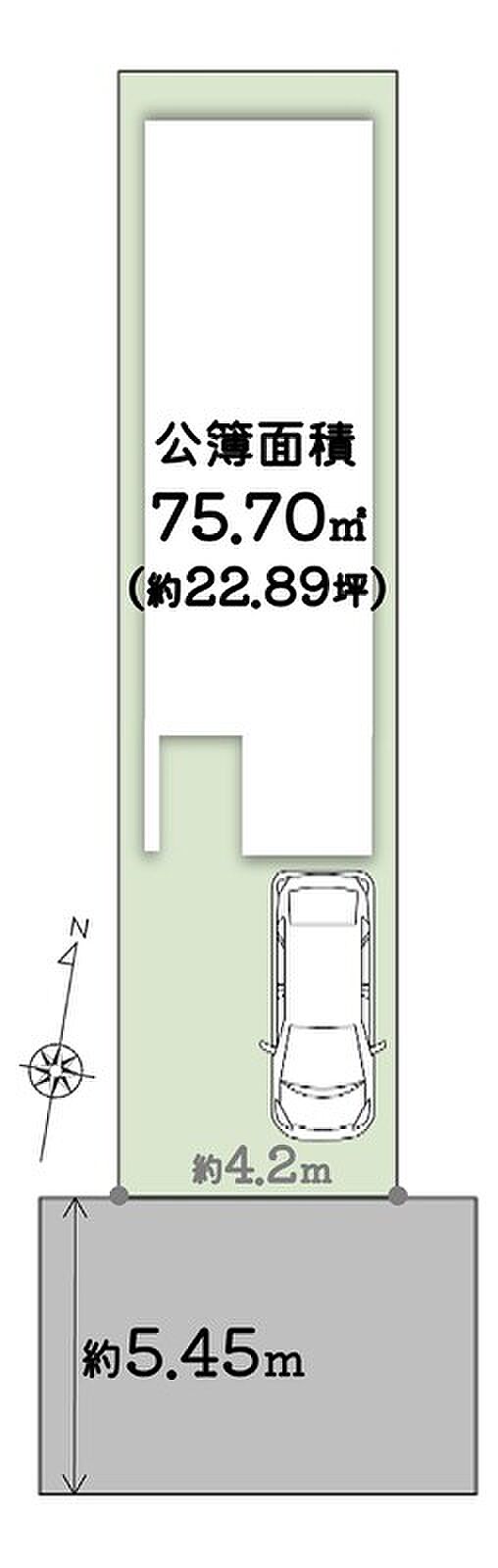 ■南向きで陽当たり◎
■土地面積:75.70m2(約22.89坪)
■前面道路幅員:約5.45m