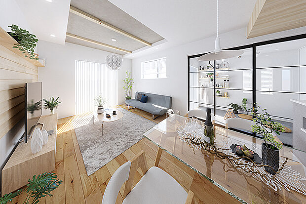 【MULTI/便利なマルチルームのある住まい】
シルキーウッドや天井化粧梁などナチュラル感あふれるリビングは、ガラスの引戸が特徴的なマルチルームを隣にレイアウト。