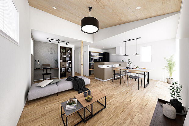 【【PLAN3/平屋】】平屋だからこそ叶う贅沢、開放的なワンフロアの暮らし。家族の笑顔が重なり、穏やかな時間が流れるリビング。見上げれば木の香りに包まれた勾配天井が広がり、やわらかな光が降り注ぎ、開放的な空間を彩ります。