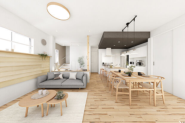 【【PLAN/ステージリビング】】家族が程よくつながる、開放的なステージ空間がある暮らし。シルキーウッドの木のぬくもりに包まれた、やわらかで心地良いリビング。その一角に段差によってゾーニングされた空間は日常を演出する舞台のようです。