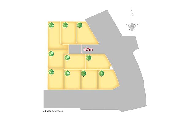 自由設計・全10区画の街が誕生！前面道路＆開発道路はゆとりの道幅で、マイカーの取り回しも快適です。ご来場予約受付中！お気軽にお問い合わせください。
※全体区画図イメージイラスト