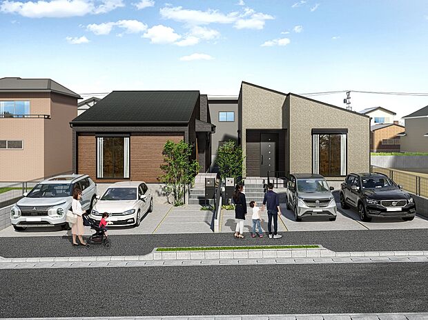 【全10邸の美しい街並み】
各邸個性際立つ平屋の街。駐車場は2台以上駐車可能。
車通りも少なく小さなお子様がいるご家庭も安心です。