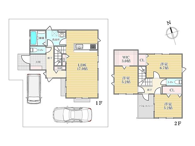 【参考間取り図（5号地）3LDK】建物プラン例（5号地）建物面積93.98m2　建物価格1500万円より承ります。