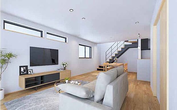 【リビング【建物プラン例による施工例】】開放感と採光にこだわった22帖のLDKです。家族団らんの時間も増えそうですね!