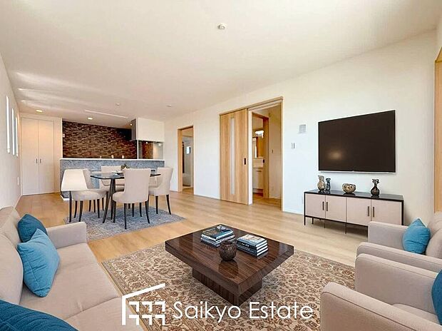 【リビング【施工例】】開放感と採光にこだわった23.75帖の広々としたLDKです。陽光いっぱいの空間で家族団らんの時間も増えそうですね！