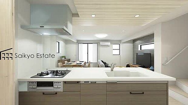 【キッチン(完成予想図）】リビングにいる家族とコミュニケーションがとりやすい、人気のカウンターキッチンを採用。小さなお子さんがリビングにいても目が届くので安心。来客時には会話を楽しみながらお料理もできます。食洗機付です。
