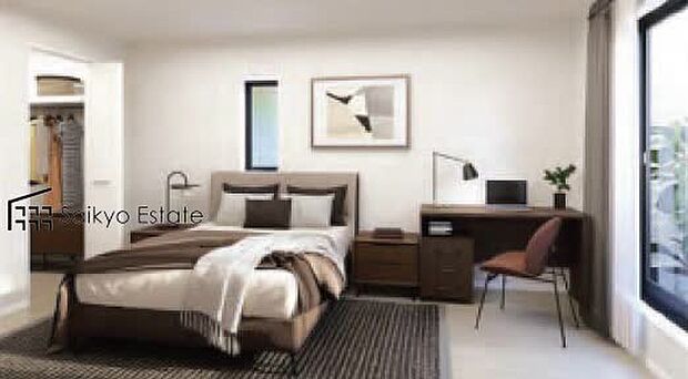 【内観完成予想図（洋室）2号棟】2面採光で明るく風通しも良好です！天気の良い日は是非窓を開けて空気の入れ替えをしてみるのはいかがでしょうか♪
