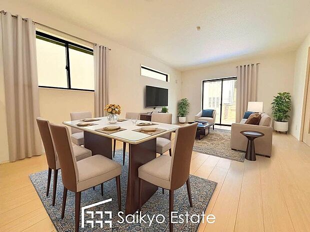 【リビング【施工例】】開放感と採光にこだわった16.61帖の広々としたLDKです。陽光いっぱいの空間で家族団らんの時間も増えそうですね!