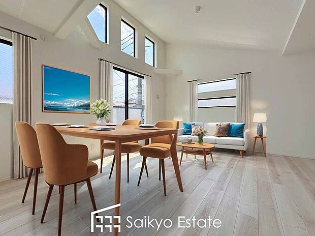 【リビング【施工例】】開放感と採光にこだわった広々としたLDKです。陽光いっぱいの空間で家族団らんの時間も増えそうですね!