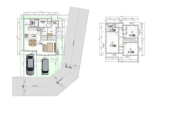 【参考プラン例（間取り図）1号地】3LDK＋WIC＋SIC＋パントリー＋リネン庫＋カースペース2台　（延床面積93.98ｍ2）