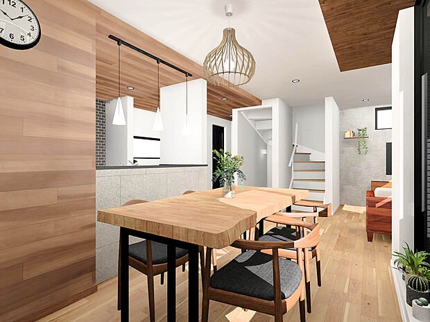 【建物イメージパース：LDK】
2階に設置された床暖房搭載LDKは21.1帖と開放感・やすらぎを得られる広さ！