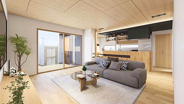 【建物完成イメージパース：LDK】
LDKは広々とした22.62帖！床暖房搭載で冬でも足先から暖かく快適な空間で家族団らんの時間を過ごせます。