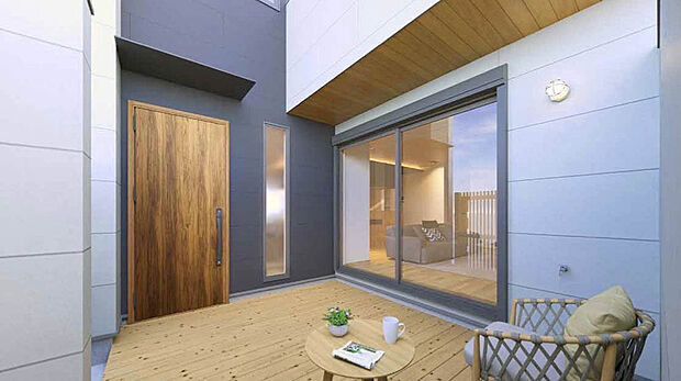 【建物完成イメージパース：Wood Deck】
広々としたウッドデッキ付！囲いがあるのでプライバシーが確保されており、人目を気にせず優雅なひと時を過ごせます。