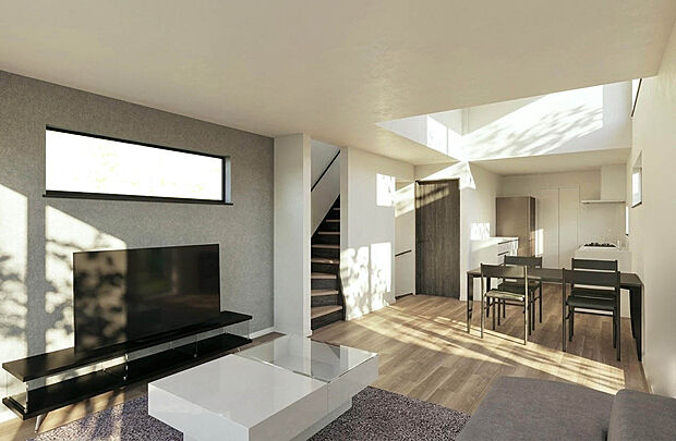 【建物イメージパース】
LDK16.9帖×3部屋の間取り。2階LDKは一部吹抜け天井設計となっており、開放的な空間を演出。WICやSIC、パントリー、スキップフロアなど収納豊富なプランニング。