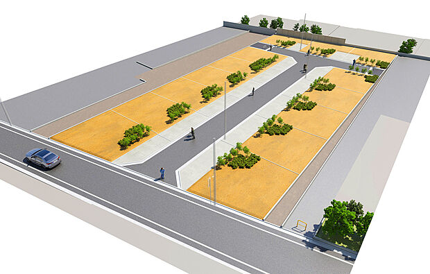 【造成パース】
全区画が敷地30坪超の整形地！敷地を有効活用しやすく、自由度の高い間取りプランを組むことができます。フリープラン×カラーセレクトで理想の住まいを建築可能！建築条件外しのご相談可能！